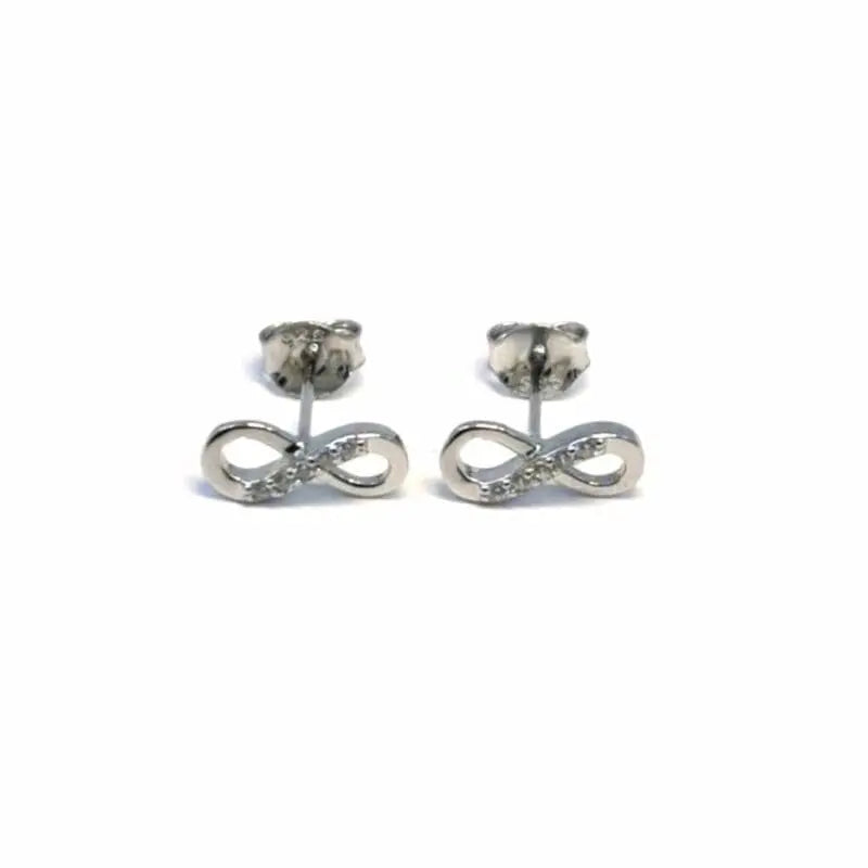 Infinity motif white stone stud earrings in hallmarked, rhodium-plated 925 sterling silver – front view – DRESCHER Jewellery®