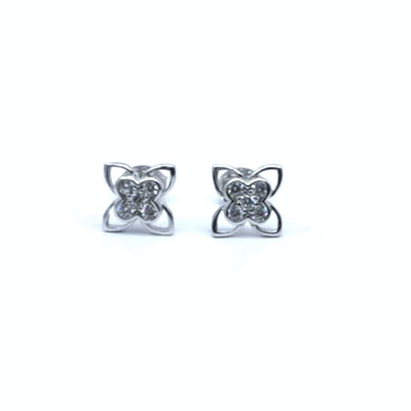Four-petal white stone flower stud earrings in hallmarked, rhodium-plated 925 sterling silver – front view – DRESCHER Jewellery®