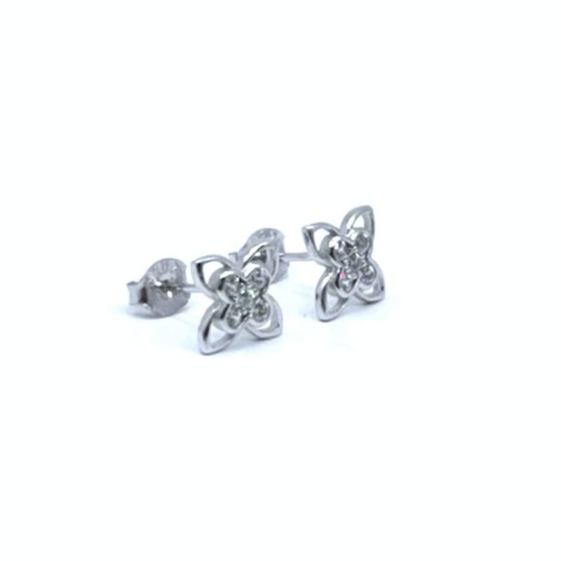 Four-petal white stone flower stud earrings in hallmarked, rhodium-plated 925 sterling silver – back view – DRESCHER Jewellery®