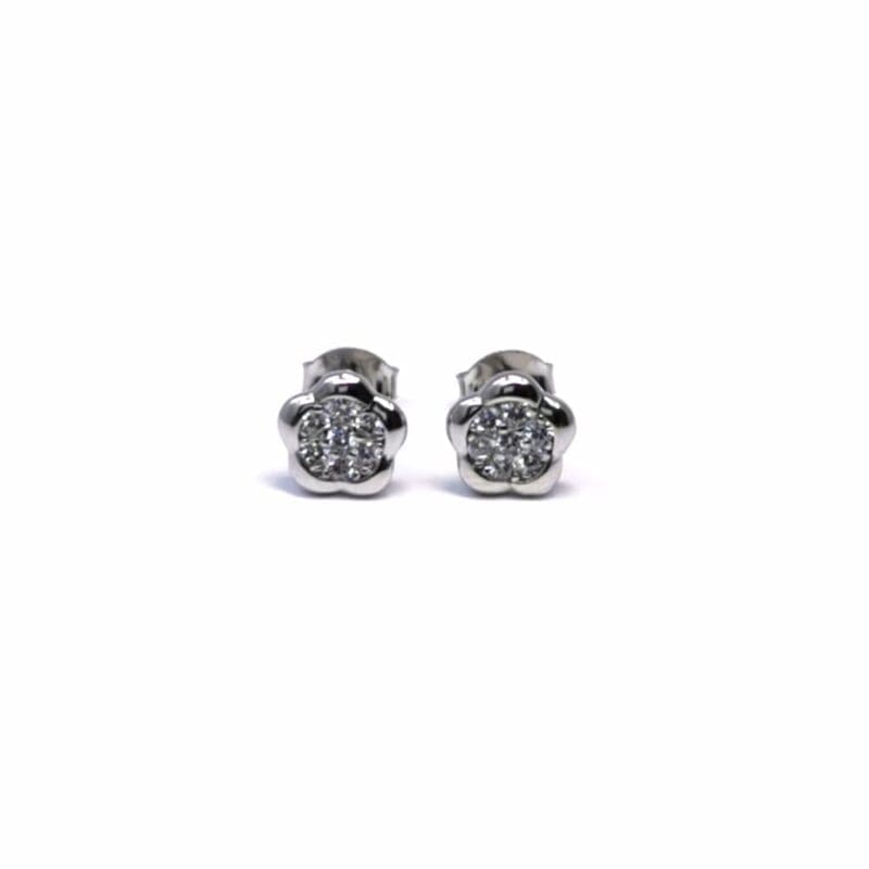 white stone flower earrings in hallmarked, rhodium-plated 925 sterling silver – alternate front view – DRESCHER Jewellery®