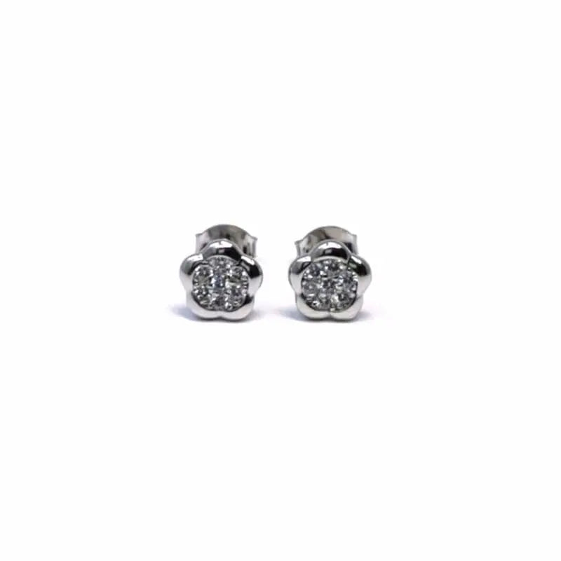 white stone flower earrings in hallmarked, rhodium-plated 925 sterling silver – front view – DRESCHER Jewellery®