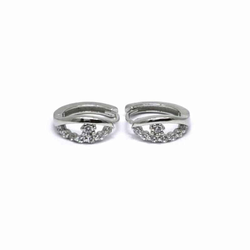 White stone flower-motif small hoop earrings in hallmarked, rhodium-plated 925 sterling silver – front view – DRESCHER Jewellery®