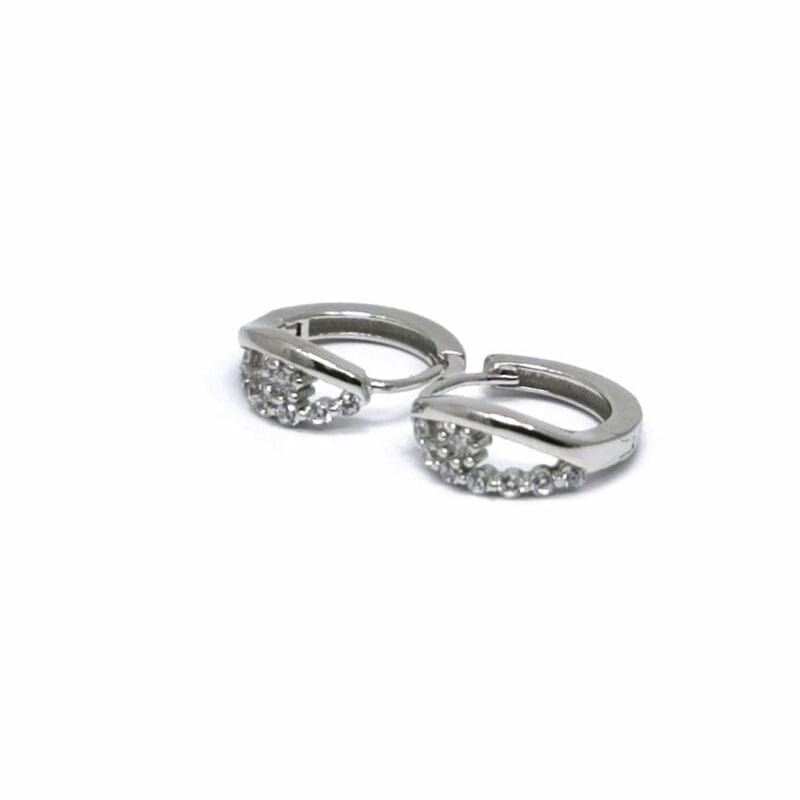 White stone flower-motif small hoop earrings in hallmarked, rhodium-plated 925 sterling silver – angled view – DRESCHER Jewellery®