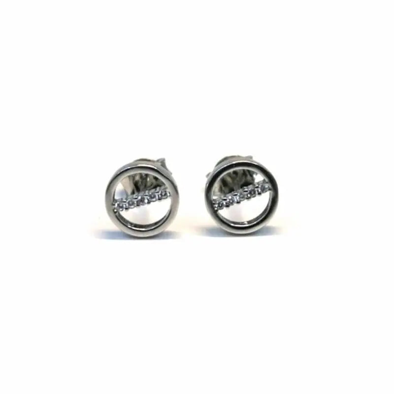 White centre-stone circular stud earrings in hallmarked, rhodium-plated 925 sterling silver – front view – DRESCHER Jewellery®