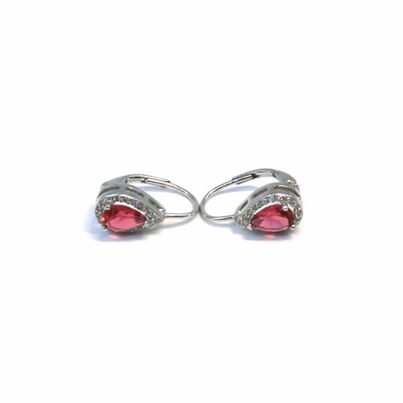 Red teardrop and white stone leverback earrings in hallmarked, rhodium-plated 925 sterling silver – front and side views – DRESCHER Jewellery®