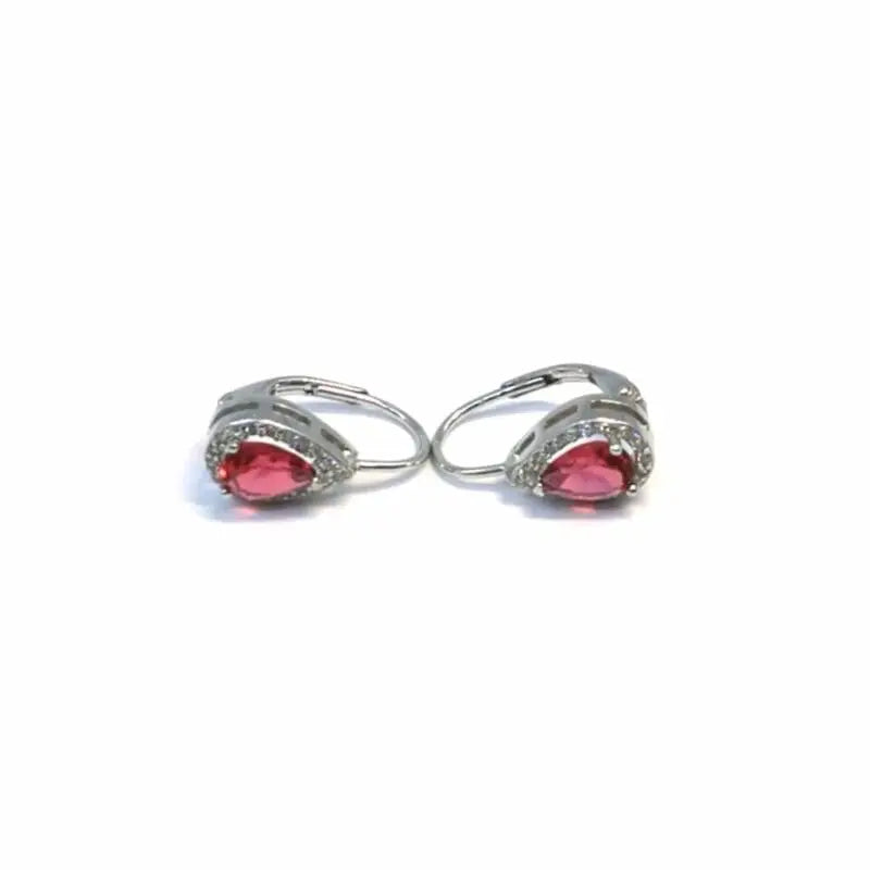 Red teardrop and white stone leverback earrings in hallmarked, rhodium-plated 925 sterling silver – front and side views – DRESCHER Jewellery®