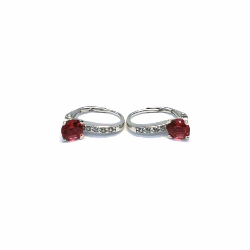 Red stone and white stone leverback earrings in hallmarked, rhodium-plated 925 sterling silver – front and side views – DRESCHER Jewellery®