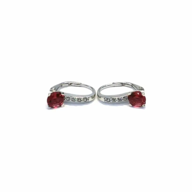 Red stone and white stone leverback earrings in hallmarked, rhodium-plated 925 sterling silver – front and side views – DRESCHER Jewellery®