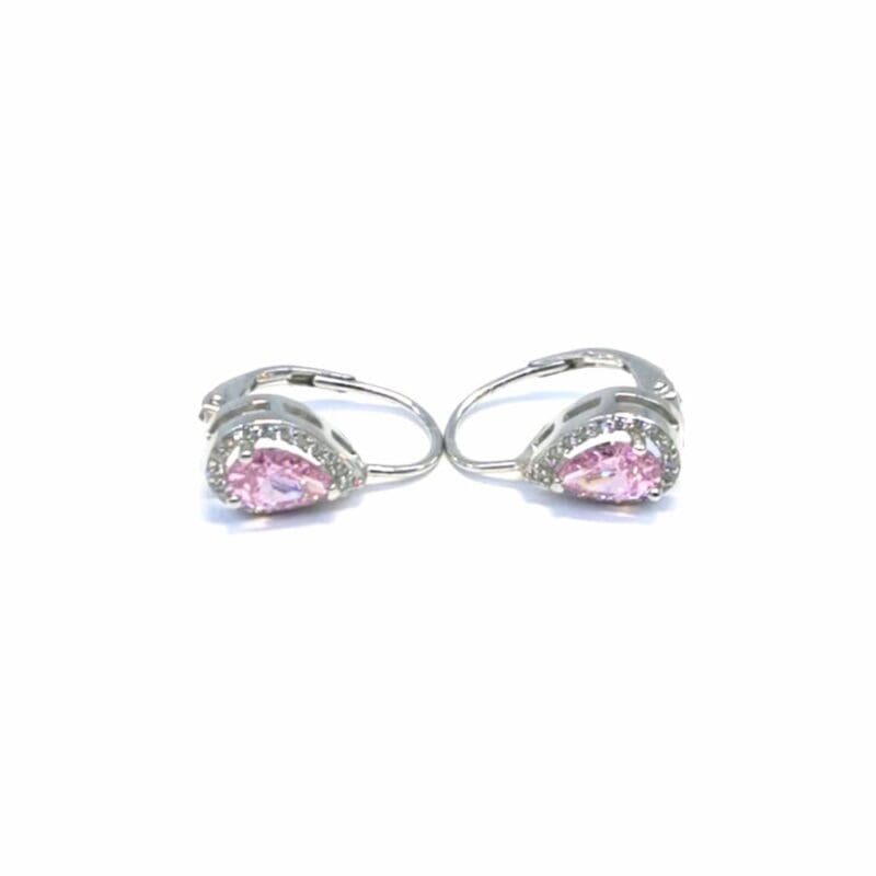 Pink teardrop and white stone leverback earrings in hallmarked, rhodium-plated 925 sterling silver – front and side views – DRESCHER Jewellery®
