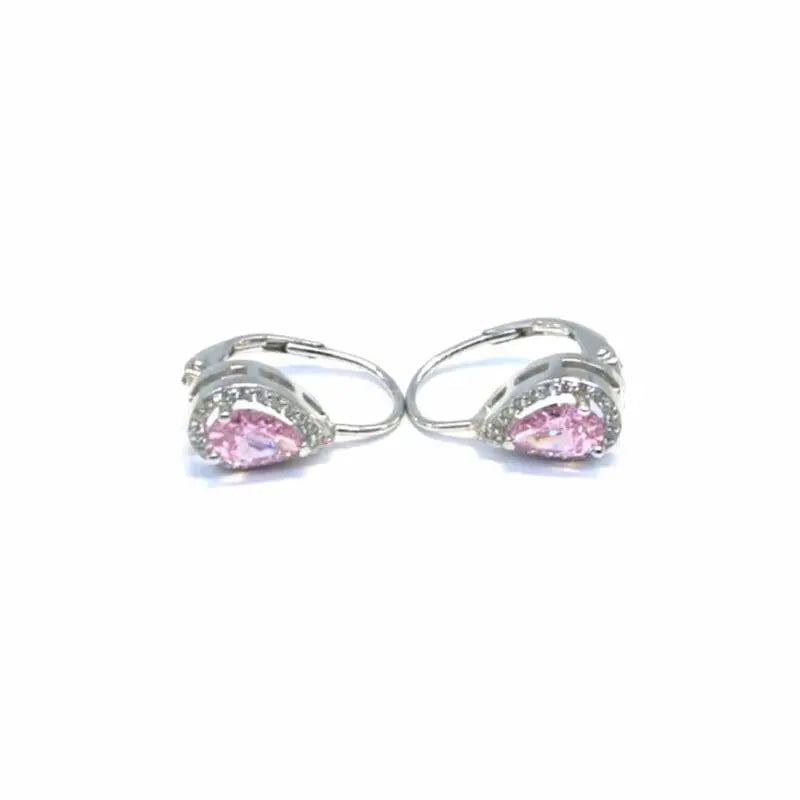 Pink teardrop and white stone leverback earrings in hallmarked, rhodium-plated 925 sterling silver – front and side views – DRESCHER Jewellery®