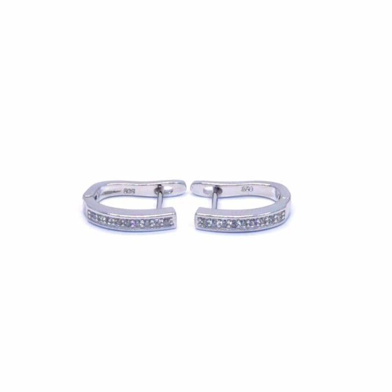 Row-set white stone French clasp earrings in hallmarked, rhodium-plated 925 sterling silver – front view – DRESCHER Jewellery®