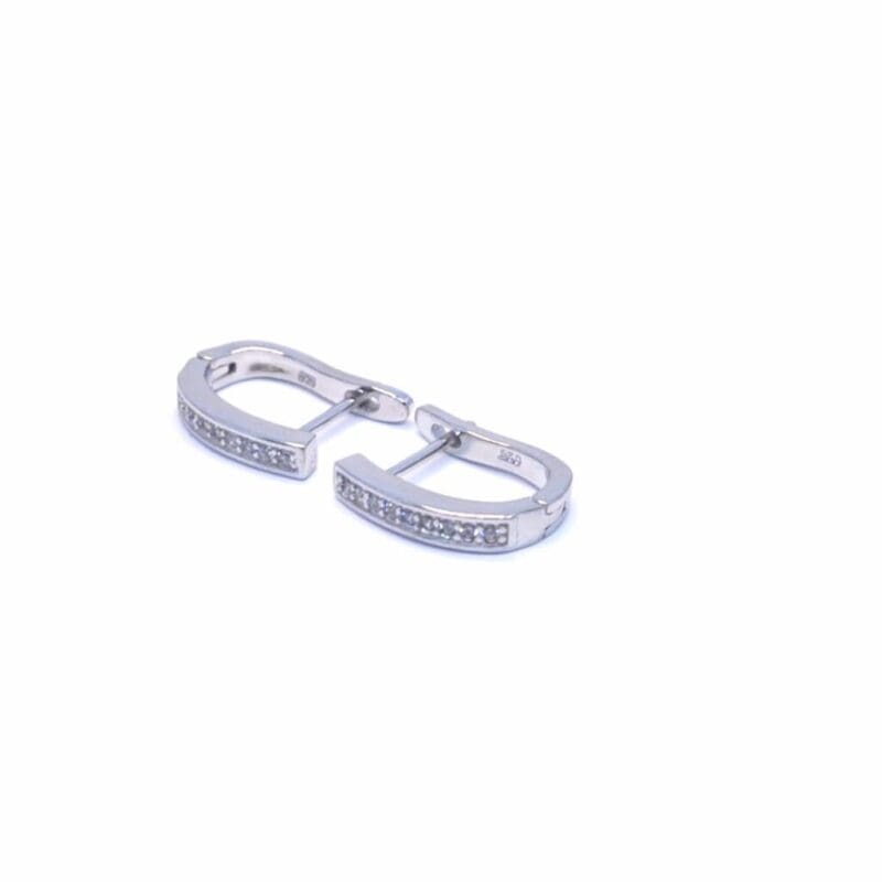 Row-set white stone French clasp earrings in hallmarked, rhodium-plated 925 sterling silver – angled view – DRESCHER Jewellery®