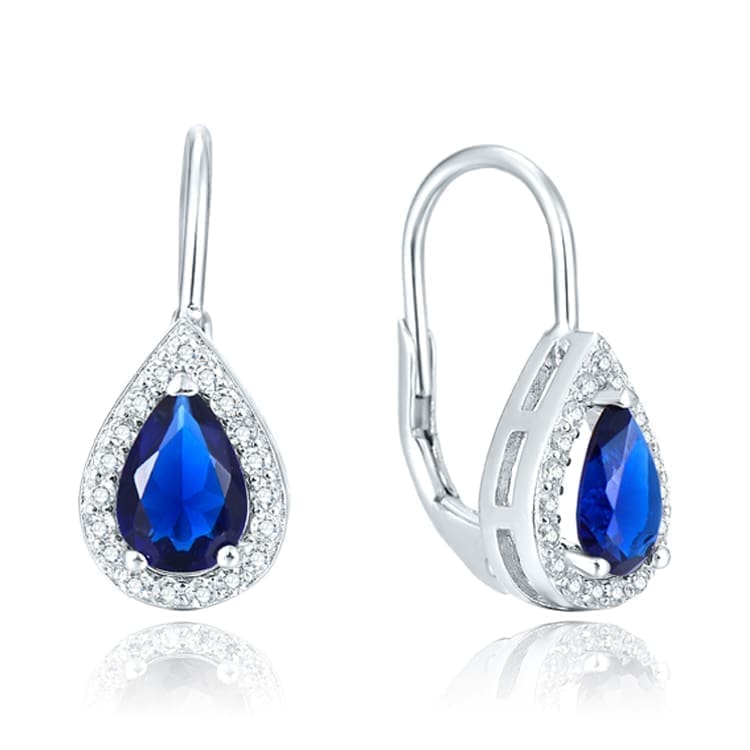 Dark blue teardrop and white stone leverback earrings in hallmarked, rhodium-plated 925 sterling silver – front and side views – DRESCHER Jewellery®