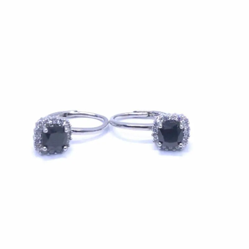 Black-and-white stone four-claw patent-clasp earrings in hallmarked, rhodium-plated 925 sterling silver – front view – DRESCHER Jewellery®