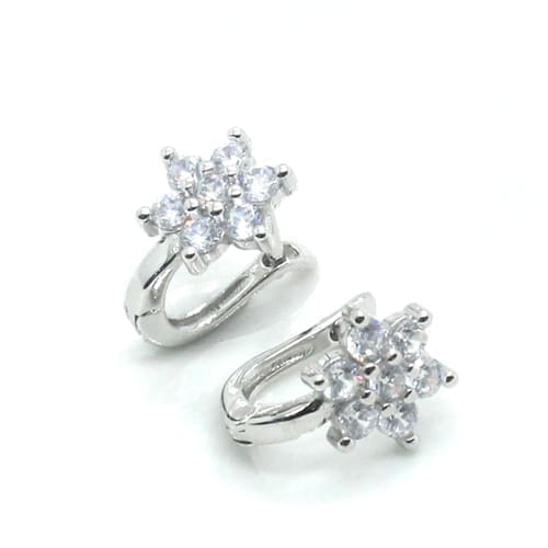 White stone flower-cluster French clasp earrings in hallmarked, rhodium-plated 925 sterling silver – front and side views – DRESCHER Jewellery®