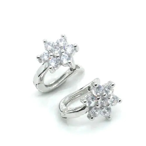 White stone flower-cluster French clasp earrings in hallmarked, rhodium-plated 925 sterling silver – front and side views – DRESCHER Jewellery®