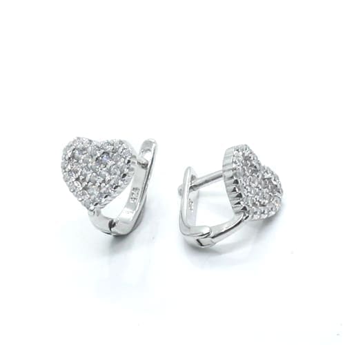 Pavé white stone heart French clasp earrings in hallmarked, rhodium-plated 925 sterling silver – front and side views – DRESCHER Jewellery®