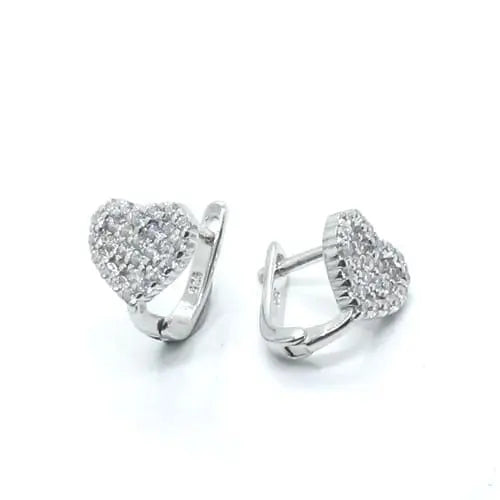 Pavé white stone heart French clasp earrings in hallmarked, rhodium-plated 925 sterling silver – front and side views – DRESCHER Jewellery®