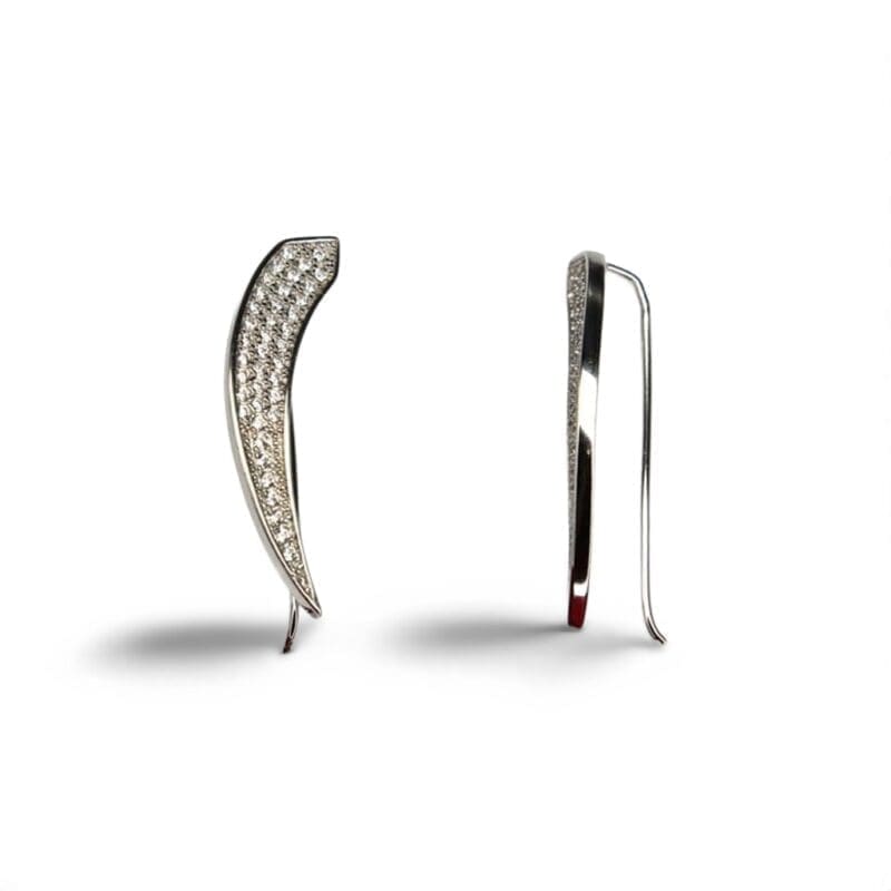 Curved leaf-shaped white stone ear climber earrings in hallmarked, rhodium-plated 925 sterling silver – front and side views – DRESCHER Jewellery®