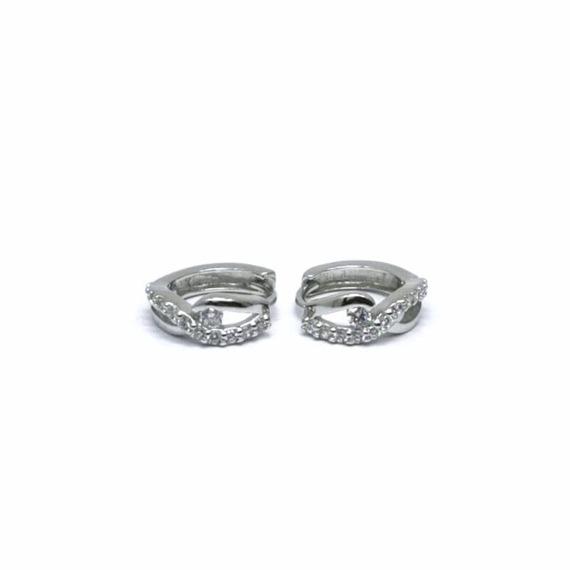 Wavy white stone small hoop earrings in hallmarked, rhodium-plated 925 sterling silver – front view – DRESCHER Jewellery®