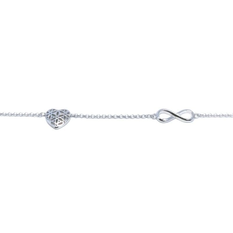 bracelet with openwork heart motif and infinity sign in hallmarked, rhodium-plated 925 sterling silver – full front view – DRESCHER Jewellery®