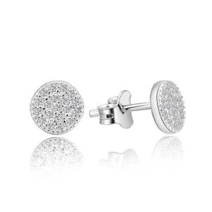 Round pavé white stone disc stud earrings in hallmarked, rhodium-plated 925 sterling silver – front and side views – DRESCHER Jewellery®