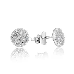 Round pavé white stone disc stud earrings in hallmarked, rhodium-plated 925 sterling silver – front and side views – DRESCHER Jewellery®
