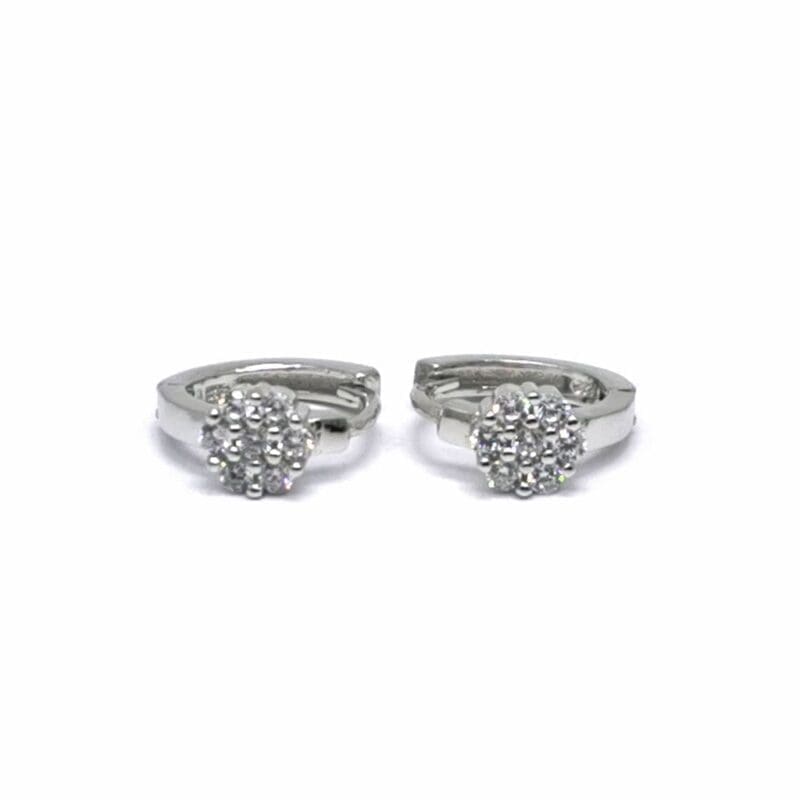 White stone flower-motif small hoop earrings in hallmarked, rhodium-plated 925 sterling silver – front view – DRESCHER Jewellery®