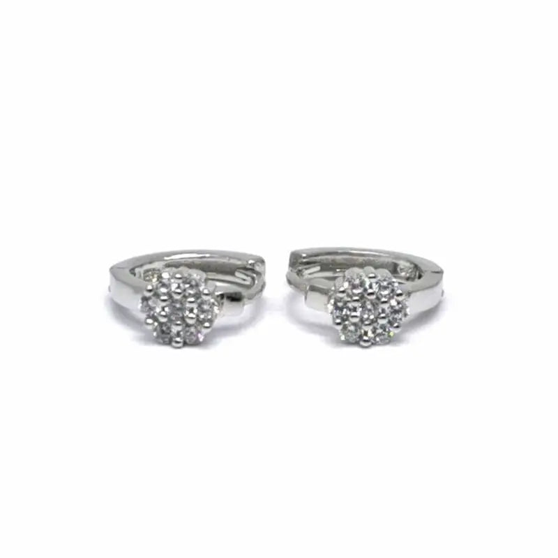 Silver small hoop earrings with white cubic zirconia stone flower decoration