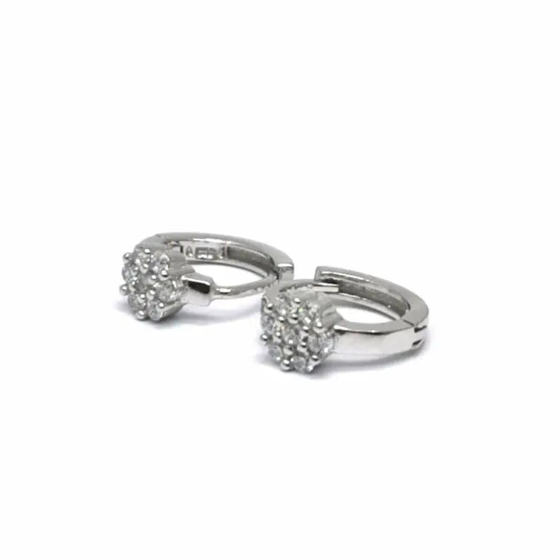 Silver small hoop earrings with white cubic zirconia stone flower decoration
