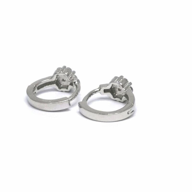 White stone flower-motif small hoop earrings in hallmarked, rhodium-plated 925 sterling silver – side view – DRESCHER Jewellery®