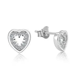 Silver contoured white stone heart stud earrings