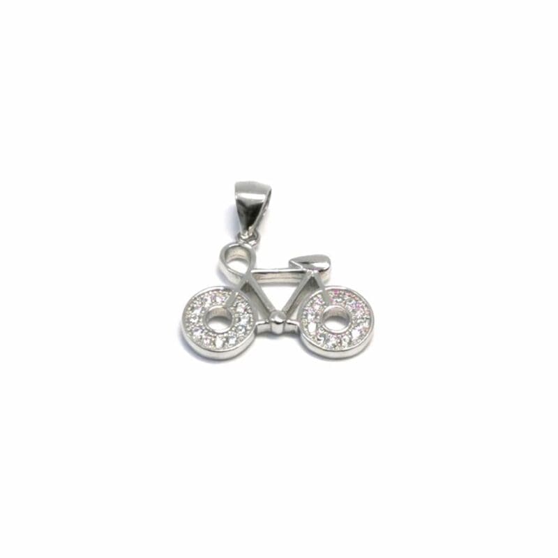 stone bicycle pendant in hallmarked, rhodium-plated 925 sterling silver – alternate front view – DRESCHER Jewellery®