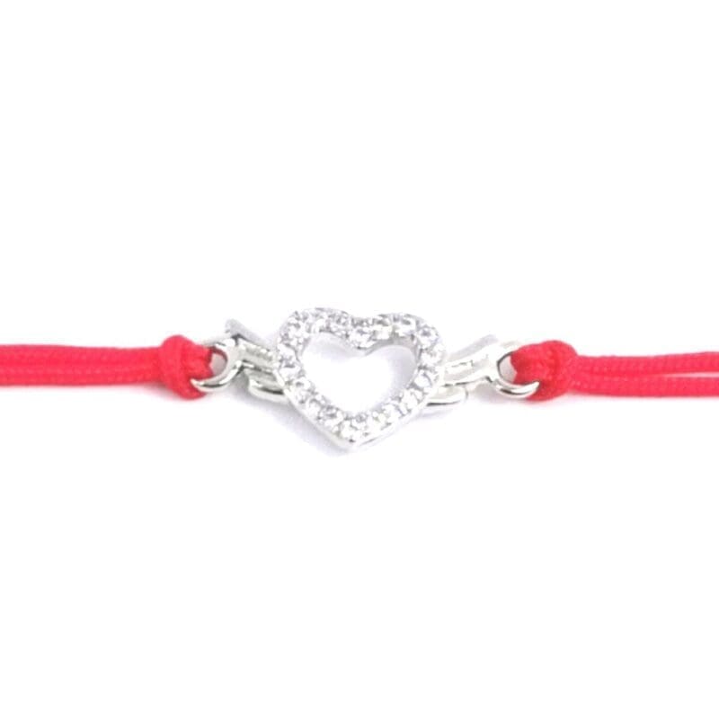 stone heart heart angel wing red cotton protective bracelet with hallmarked, rhodium-plated 925 sterling silver motif – full front view – DRESCHER Jewellery®
