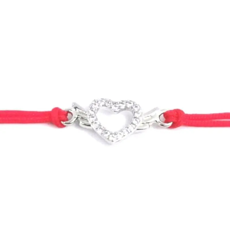 stone heart heart angel wing red cotton protective bracelet with hallmarked, rhodium-plated 925 sterling silver motif – full front view – DRESCHER Jewellery®