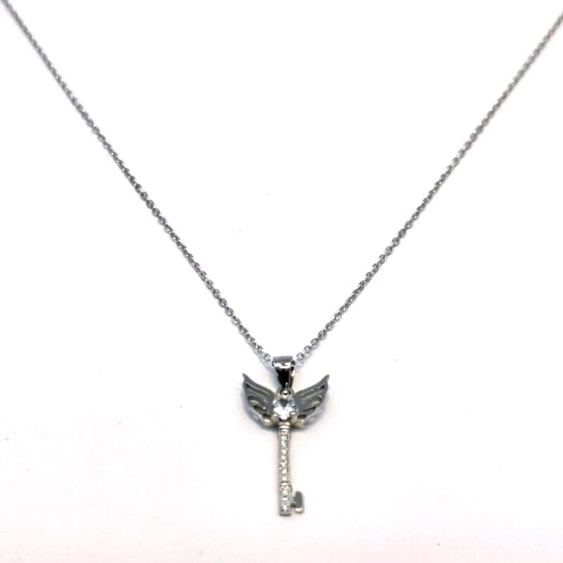 chain with white stone angel wing key pendant in hallmarked, rhodium-plated 925 sterling silver – front view – DRESCHER Jewellery®