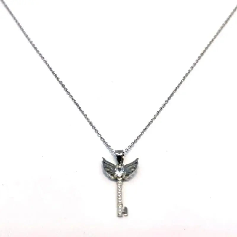 chain with white stone angel wing key pendant in hallmarked, rhodium-plated 925 sterling silver – front view – DRESCHER Jewellery®
