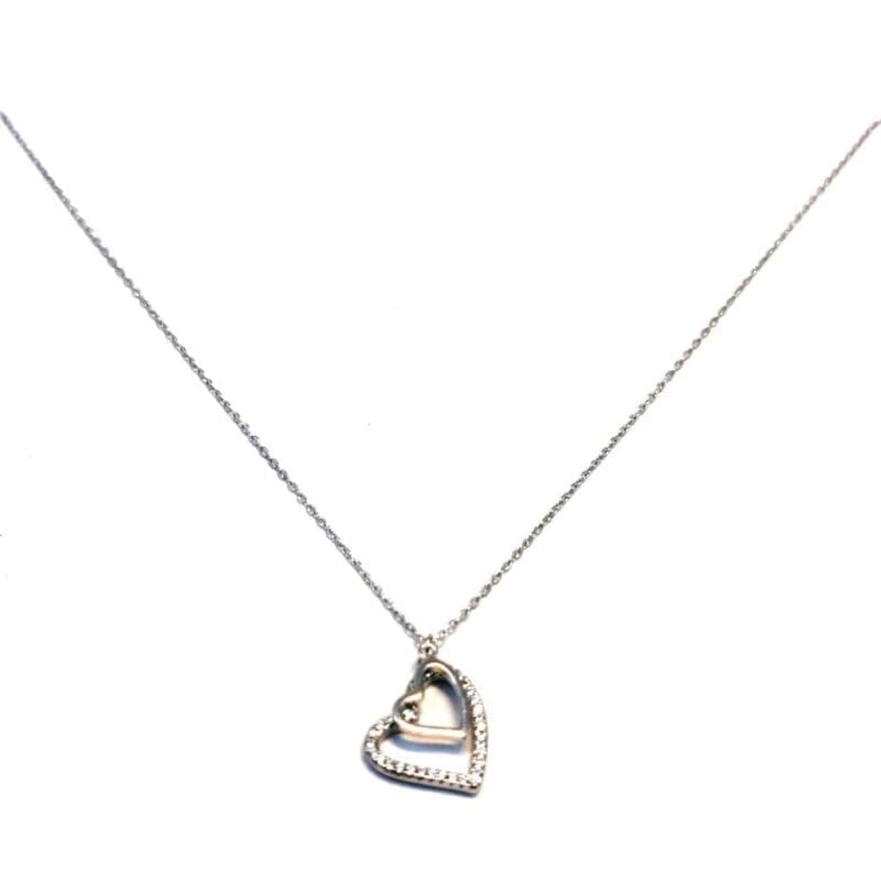 chain with white stone double heart pendant in hallmarked, rhodium-plated 925 sterling silver – alternate front view – DRESCHER Jewellery®