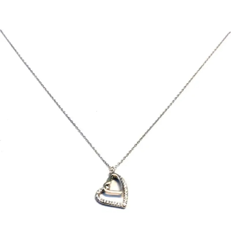 chain with white stone double heart pendant in hallmarked, rhodium-plated 925 sterling silver – front view – DRESCHER Jewellery®