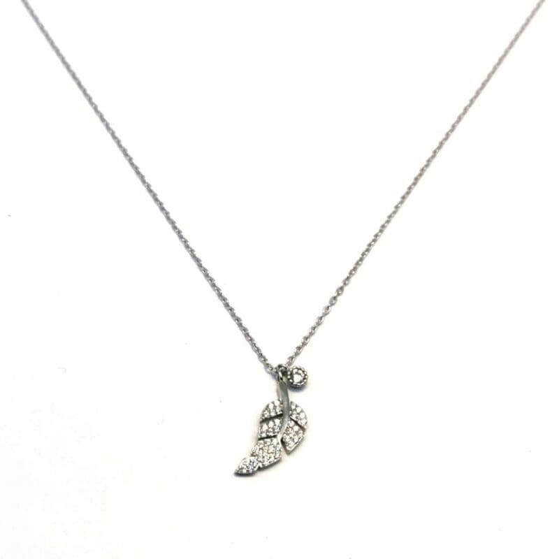 chain with white stone leaf pendant in hallmarked, rhodium-plated 925 sterling silver – front view – DRESCHER Jewellery®