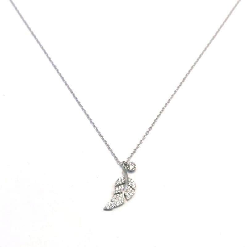 chain with white stone leaf pendant in hallmarked, rhodium-plated 925 sterling silver – front view – DRESCHER Jewellery®