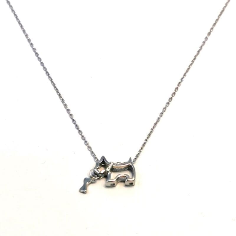 necklace with white stone dog pendant - playful bone in mouth in hallmarked, rhodium-plated 925 sterling silver – front view – DRESCHER Jewellery®