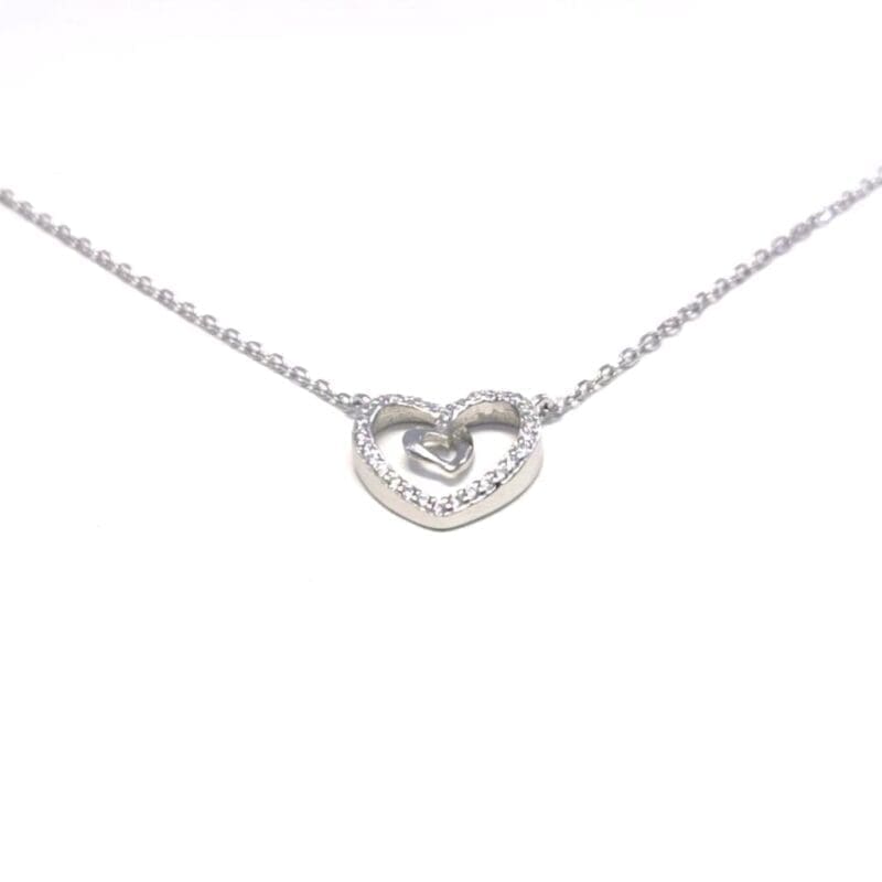 necklace with white stone heart pendant in hallmarked, rhodium-plated 925 sterling silver – front view – DRESCHER Jewellery®