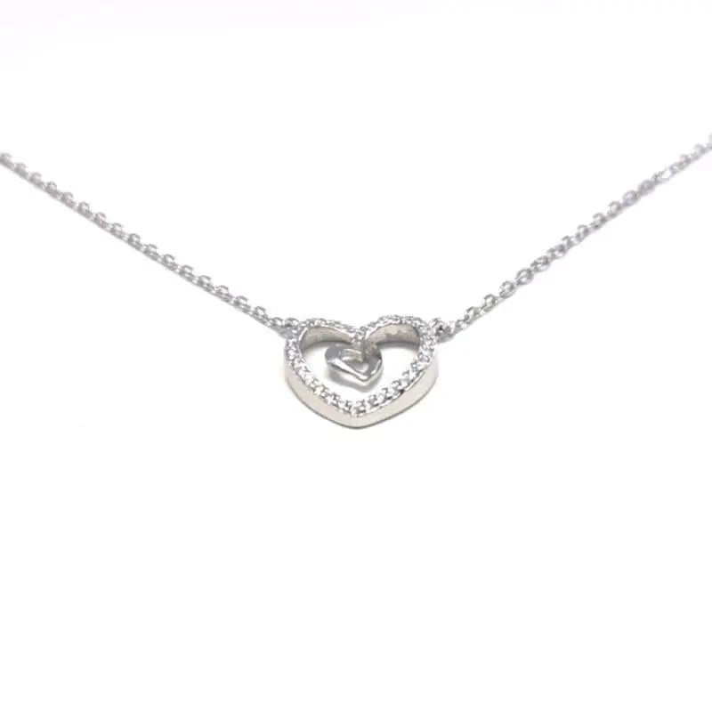 necklace with white stone heart pendant in hallmarked, rhodium-plated 925 sterling silver – front view – DRESCHER Jewellery®