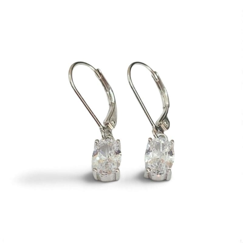Oval-cut white stone leverback earrings in hallmarked, rhodium-plated 925 sterling silver – front view – DRESCHER Jewellery®
