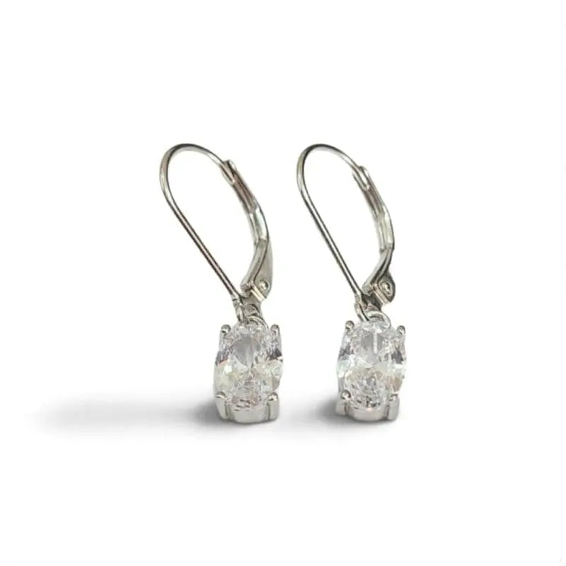 Oval-cut white stone leverback earrings in hallmarked, rhodium-plated 925 sterling silver – front view – DRESCHER Jewellery®