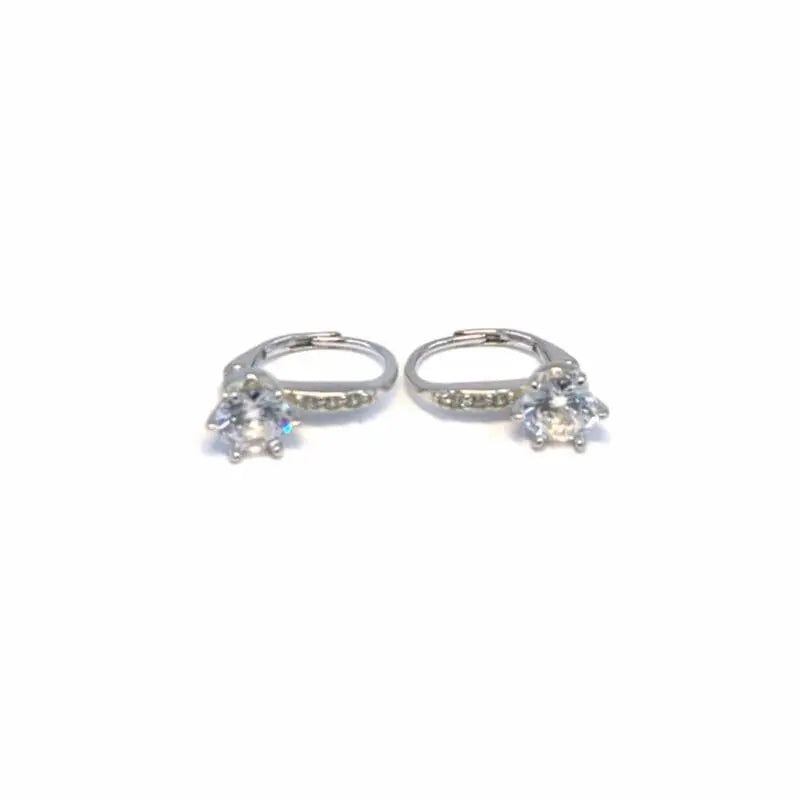 Round white stone huggie earrings in hallmarked, rhodium-plated 925 sterling silver – front and side views – DRESCHER Jewellery®