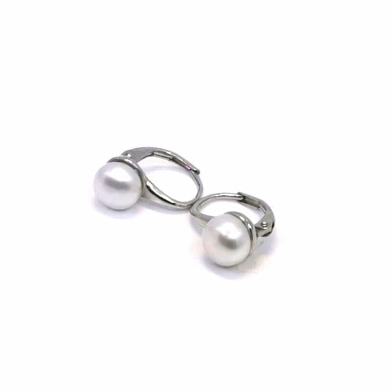 pearl earrings with patent closure, with silver components crafted from hallmarked, rhodium-plated 925 sterling silver – alternate angled view – DRESCHER Jewellery®