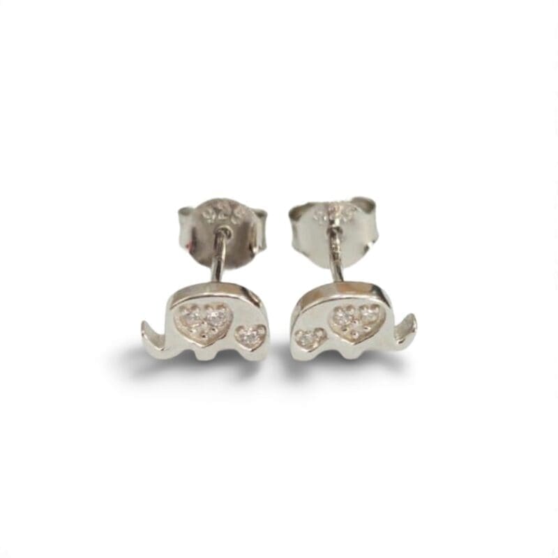 Elephant-shaped white stone stud earrings in hallmarked, rhodium-plated 925 sterling silver – front view – DRESCHER Jewellery®