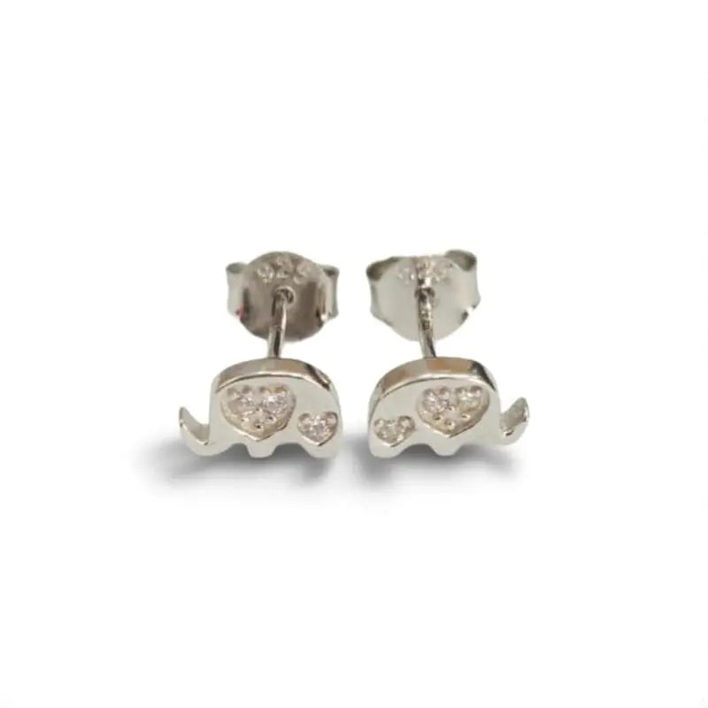 Elephant-shaped white stone stud earrings in hallmarked, rhodium-plated 925 sterling silver – front view – DRESCHER Jewellery®
